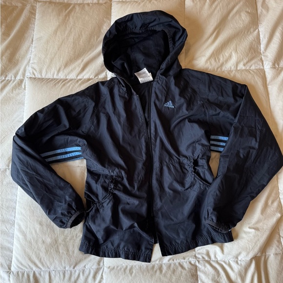 Vintage ADIDAS Women's small Blue Cinched Hooded Running Windbreaker - Picture 1 of 6